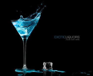 Cocktail Glass with Blue Spirit Drink Splashing. Template Design clipart