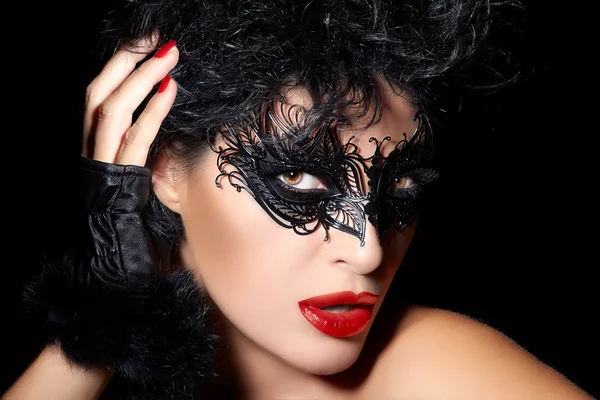 Masquerade. Closeup Short Hair Gorgeous Woman with Trendy Black — Stock Photo, Image