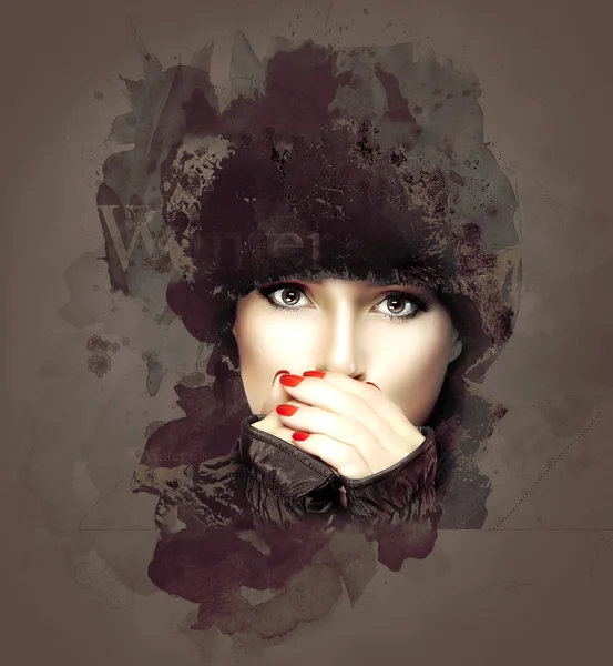 Winter Woman Covering her Mouth on Abstract Background — Stock Photo, Image