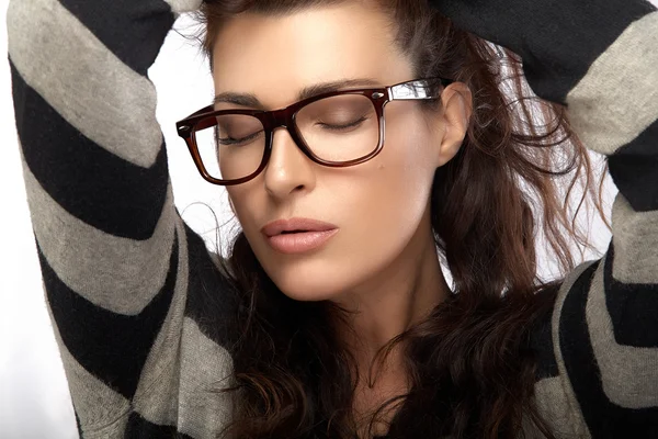 Woman in Striped Jersey Holding her Hair. Cool Trendy Eyewear — Stock Photo, Image