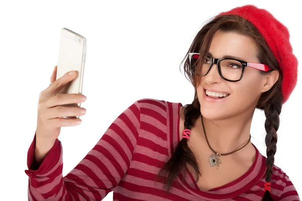 Glücklich coole Frau macht Selfie mit Handy — Stockfoto