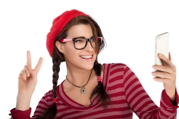 Happy Cool Woman Taking Selfie Using Mobile Phone — Stock Photo, Image