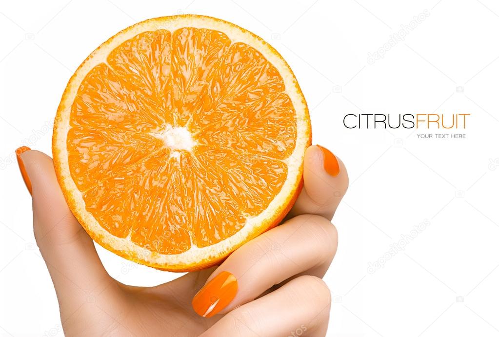 Female Hand Holding a Luscious Healthy Orange. Template Design