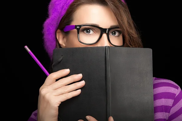 Beautiful College Girl Covering her Face with Black Notebook — Stock Photo, Image