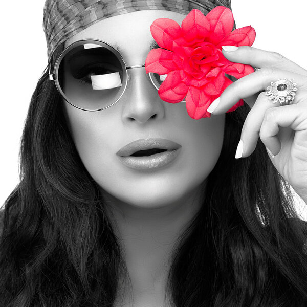 Stylish Young Woman with Red Flower Over her Eye