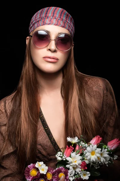 Fashion Girl with Hippie Style Holding a Bouquet of Flowers — Stock Photo, Image