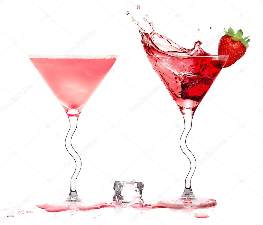 Stylish Cocktail Glasses with Strawberry Liquor Splashing isolat