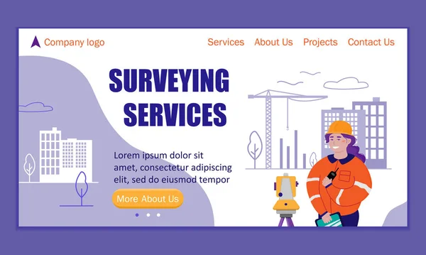 Modèle de page de débarquement pour les services d'arpentage — Image vectorielle
