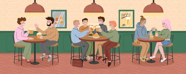 Οι άνθρωποι κάθονται στα τραπέζια σε ένα μπαρ και πίνουν μπύρα. — Διανυσματικό Αρχείο