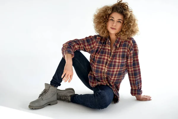 Young Woman Blonde Curly Hair Wear Cotton Check Shirt Classic — Stock Photo, Image