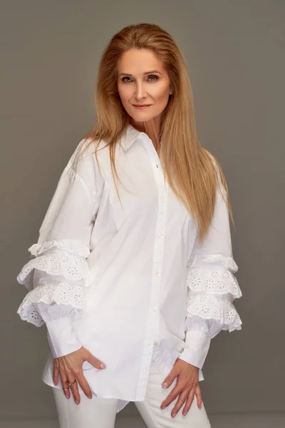 Mature Female Model Long Straight Hair Wearing White Stylish Shirt — Stock Photo, Image