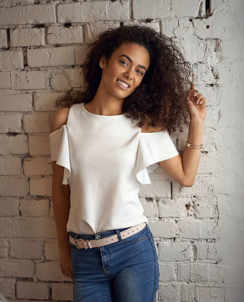 Beautiful Young Mixed Race Woman Curly Dark Hair Looking Camera — Stock Photo, Image