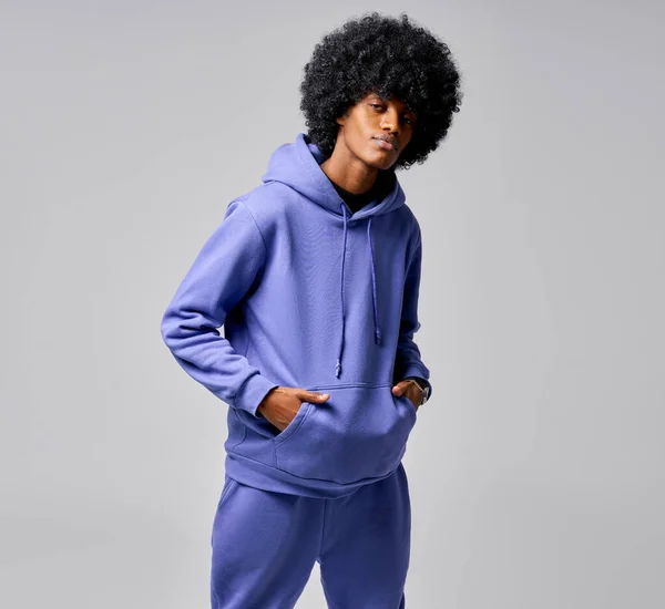 Portrait Black Man Track Suit Circle Afro Hair — Stok Foto