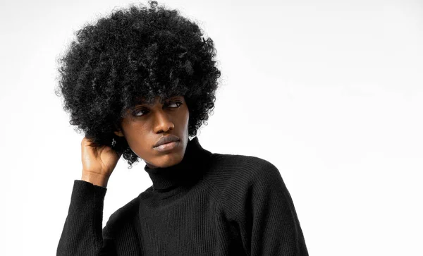 Portrait Young Handsome Black Man Touching His Afro Hair Isolated — Stok Foto