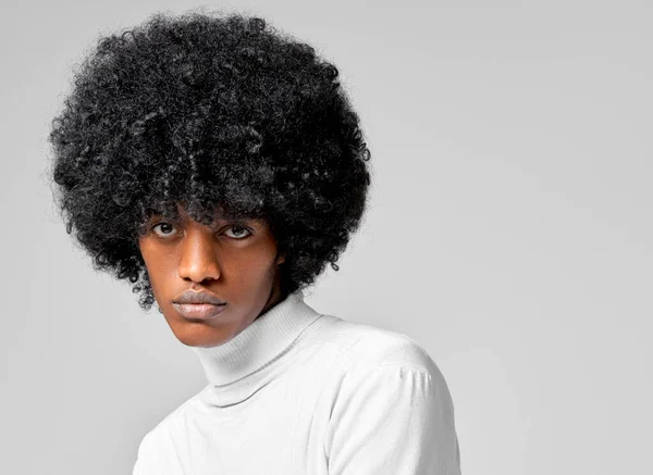 Portrait African American Man Natural Black Afro Hair Isolated Gray — Stok Foto