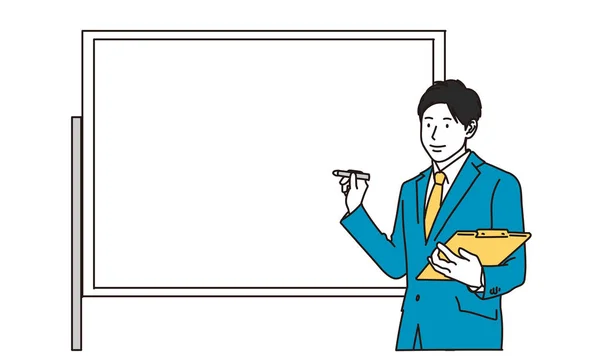 Homem Negócios Explicando Quadro Branco —  Vetores de Stock