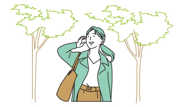 Bizneswoman Chodząca Rzędzie Drzew — Wektor stockowy