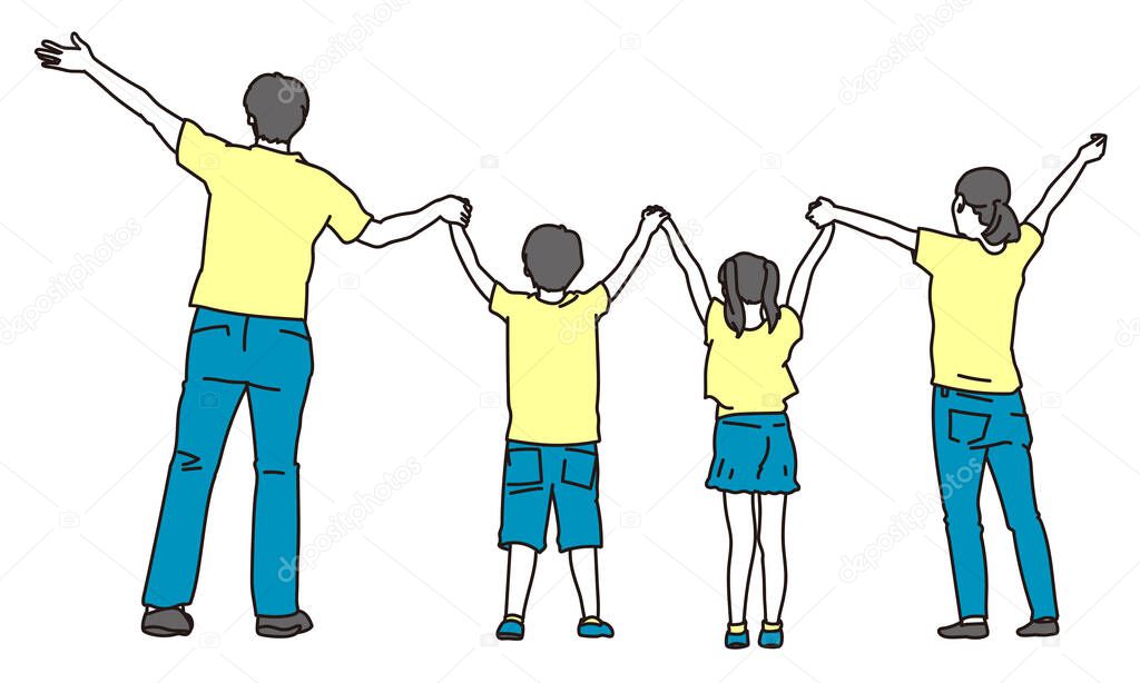 Back view of the family raising both hands