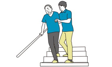 Yaşlı insanlar yardım alarak merdivenlerden iniyorlar.