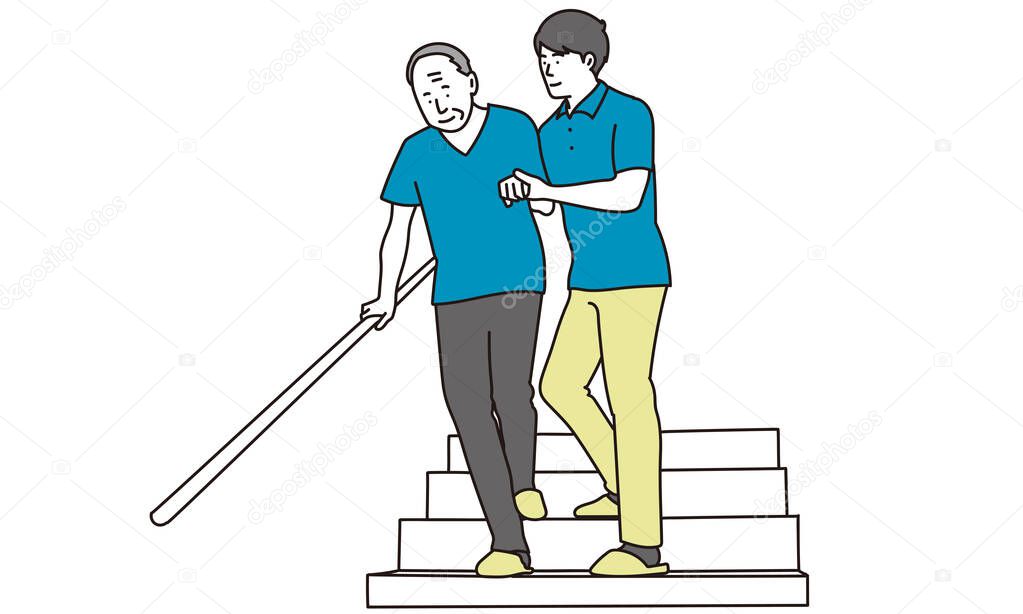 Elderly people going down the stairs with assistance