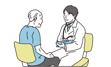 Erkek doktor yaşlıları muayene ediyor.