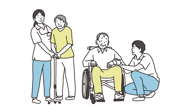 Senioren Und Pfleger Mit Rollstühlen Und Stöcken — Stockvektor