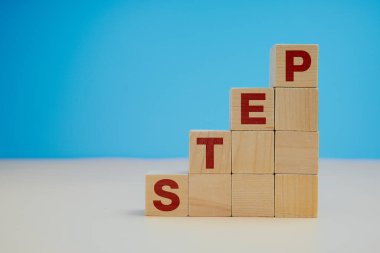 Adım adım gelişim, büyüme, planlama, hedef belirleme ve adım adım gelişimi sembolize ederek, STEP sözcüğünü oluşturan yükselen adımlarda tahta bloklar düzenlendi.