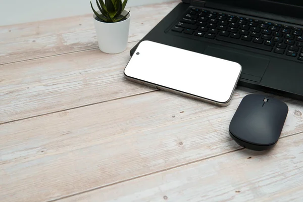 Üst görünüm iş alanı dizüstü bilgisayarı, boş akıllı telefonu, faresi ve beyaz ahşap masa üzerine bitkisi verimliliği, dijital işi, model görüntüsünü ve temiz kopya alanı olan profesyonel ofis kurulumunu temsil ediyor..