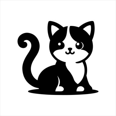 Kuyruğu kıvrılmış şirin bir kedinin siyah beyaz çizimleri..