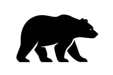 Siyah bir ayı yürüyüşü silueti beyaz arka planda izole edilir. Simge, bacakları hareket eden hayvanı profil içinde tasvir eder..