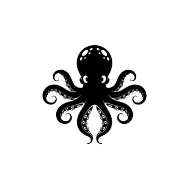Sekiz kıvrımlı dokunaçlı siyah bir ahtapot silueti ve beyaz bir arka planda beyaz bir vakum bardağı ve gözler..