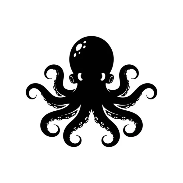 Sekiz kıvrımlı dokunaçlı siyah bir ahtapot silueti, beyaz emici kapları ve beyaz arka planda basit beyaz gözler..