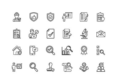 Doğrulama onayı ve kontrol listeleri belgeleri ve güvenlik sembolleri de dahil olmak üzere kalite denetiminin çeşitli yönlerini gösteren siyah özet simgelerinin bir koleksiyonu