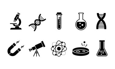 Bir mikroskop, DNA iplikleri, test tüpleri, şişeler, teleskop, atom modeli, petri kabı ve beyaz zemin üzerinde mıknatıs içeren siyah bilim ve araştırma simgeleri koleksiyonu.