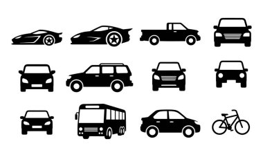 Farklı araçları tasvir eden siyah siluet simgelerinden oluşan bir koleksiyon. Buna arabalar, bir otobüs, bir kamyonet, bir SUV ve beyaz arka planda bir bisiklet de dahil..