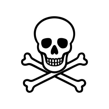 Çapraz kemikli siyah beyaz kafatası beyaz zemin üzerinde izole edilmiş ölüm vektörü sanat tasarım şablonu.