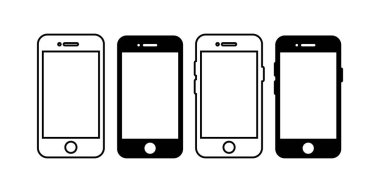 Dört siyah beyaz akıllı telefon hattı ve doldurulmuş sanat vektörü çizimleri beyaz arkaplanda izole edilmiş nesne koleksiyonu.