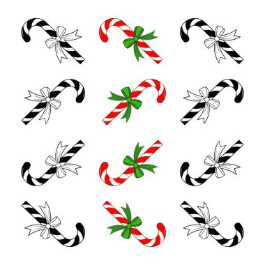 Her biri kurdele yayı ile süslenmiş on iki şeker kamışı vektör sanat tasarım paketi. Şeker kamışları iki renk şeması ile betimlenir: kırmızı ve beyaz çizgiler ve siyah ve beyaz çizgiler..