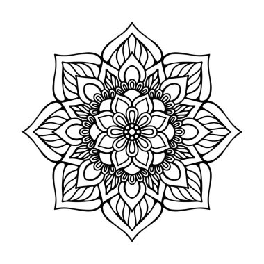 Karmaşık siyah-beyaz mandala vektör sanat çizim şablonu. Detaylı çiçek desenleri, beyaz arka planda izole edilmiş karmaşık simetrik..
