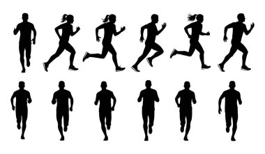 Çeşitli pozlarda koşan erkek ve kadınların siluetleri, beyaz arka planda izole edilmiş vektör sanat tasarım şablonu..