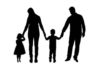 El ele tutuşan dört kişilik bir ailenin silueti, beyaz arka planda izole edilmiş siyah ve beyaz vektör çizim tasarımı şablonu olan dört kişi..