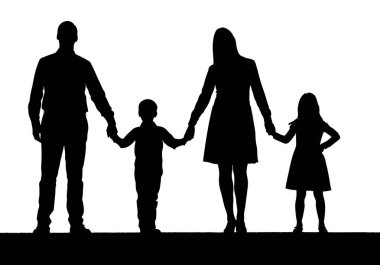 El ele tutuşan dört kişilik bir ailenin silueti, beyaz arka planda izole edilmiş siyah ve beyaz vektör çizim tasarımı şablonu olan dört kişi..