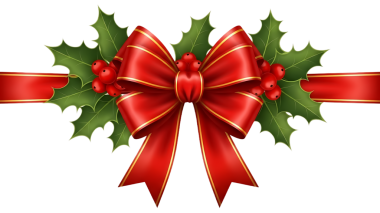 Kırmızı ve altın yay, kutsal yapraklar ve böğürtlenler, kırmızı yay kırmızı böğürtlenler, şeffaf bir arka planda izole.