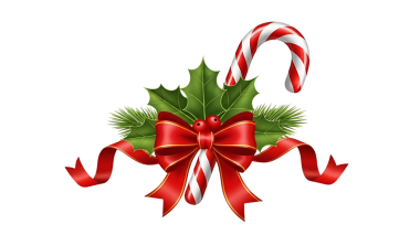 Kırmızı kurdeleli şeker kamışı ve kutsal noel, şeffaf bir arka planda izole.