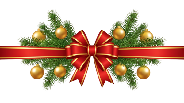 Yeşil çam dalları, kırmızı kurdele ve altın takılar olan Noel süslemeleri şeffaf bir arka planda izole edilmiş..