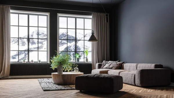 Modern iç tasarım, geniş bir odada, gri bir duvara karşı çiçekli bir masanın yanında.