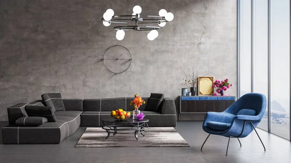 Modern iç tasarım bir daire, ev, ofis, parlak modern iç mekan detayları ve pencereden yansıması olan beton bir duvar ve zemin üzerinde ışık.