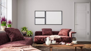 Beyaz duvardaki ahşap çerçeveleri taklit et. Kapalı alan çiçekleri, masanın üzerindeki dekor. Keten yastıklı paslı kadife kanepe. Modern oturma odası, iç mekan..