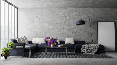 Modern iç tasarım bir daire, ev, ofis, parlak modern iç mekan detayları ve pencereden yansıması olan beton bir duvar ve zemin üzerinde ışık.