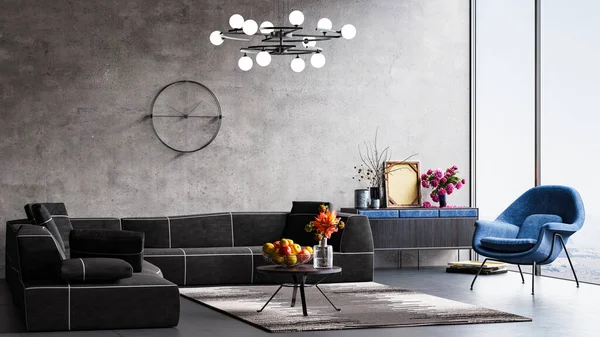 Modern iç tasarım bir daire, ev, ofis, parlak modern iç mekan detayları ve pencereden yansıması olan beton bir duvar ve zemin üzerinde ışık.